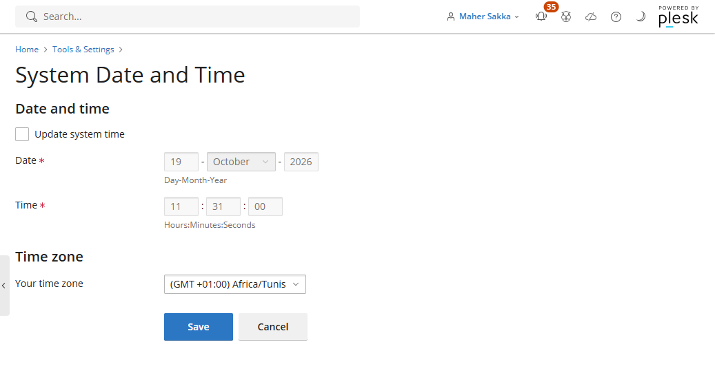 Plesk System Date and Time page
